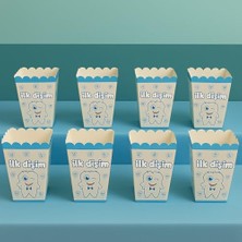 Ilk Dişim Mavi Temalı Popcorn Kutusu, 8'li Set, Erkek Bebek Diş Buğdayı Partisi, Kağıt