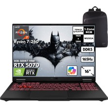 Asus Tuf A16 Ryzen 7-260 64-Gbddr5 2 Tbssd RTX5070 (8GB-GDDR7-115W) 16" Wuxga 165Hz Windows 11 Pro + Hmf Sırt Çantası FA608UP-RV199HMF23