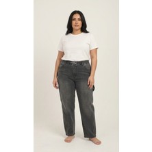 Zanessi Büyük Beden Beli Lastikli Cepli Likralı Denim Mom Kesim Kadın Pantolon