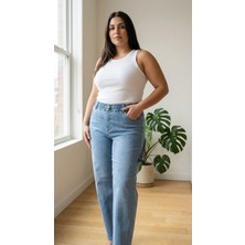 Zanessi Büyük Beden Beli Lastikli Cepli Likralı Denim Mom Kesim Kadın Pantolon