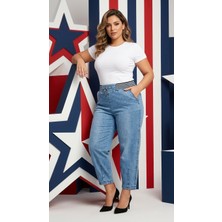 Zanessi Büyük Beden Beli Lastikli Cepli Likralı Denim Mom Kesim Kadın Pantolon