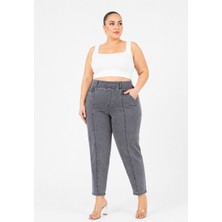 Zanessi Büyük Beden Beli Lastikli Cepli Likralı Denim Mom Kesim Kadın Pantolon