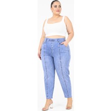 Zanessi Büyük Beden Beli Lastikli Cepli Likralı Denim Mom Kesim Kadın Pantolon