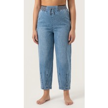 Zanessi Büyük Beden Beli Lastikli Cepli Likralı Denim Mom Kesim Kadın Pantolon