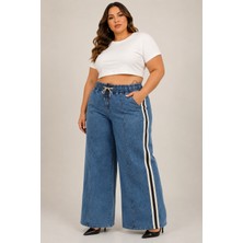 Zanessi Fashion Büyük Beden Denim Spor Şerit Detaylı Bol Paça Kadın Pantolon
