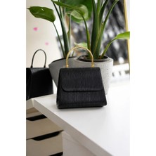 Moom Bag Kadın Siyah Çizgi Dokulu Metal Saplı Abiye El Omuz Çantası