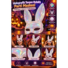 Dodomar Holografik Tavşan Kulaklı Parti Maskesi Parlak Sedefli Beyaz Halloween Cadılar Bayramı Aksesuarı