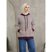 Miostil Kapşonlu Çizgili Tunik-Mürdüm