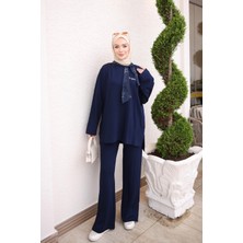 İmaj Butik Lacivert Fular Detaylı Tunik Pantolonlu Takım