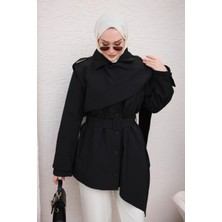 İmaj Butik Siyah Allerli Bağlama Detaylı Trençkot