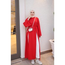 İmaj Butik Kırmızı Bel Bağlamalı Yırtmaçlı Uzun Tunik