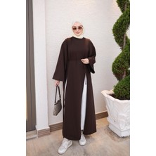 İmaj Butik Kahverengi Bel Bağlamalı Yırtmaçlı Uzun Tunik