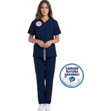 Nutrix Uniforma Nutrix Üniforma Temizlik Personeli Lacivert Logolu Forması Yarasa Kol Likralı Scrubs Kadın
