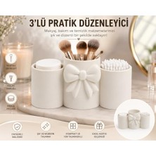 Fiyonk Detaylı 3'lü Makyaj Organizeri, 19X9X7 Cm, Fırça ve Pamuk Düzenleyici