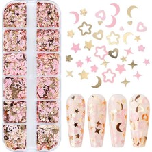 Pembe ve Gold Karışık Dizayn Nail Art Folyo Pulları: Ay, Yıldız, Kalp