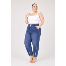 Zanessi Büyük Beden Beli Lastikli Cepli Likralı Denim Mom Kesim Kadın Pantolon