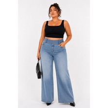Büyük Beden Yüksek Bel Denim Bol Paça Kadın Pantolon