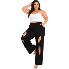 Zanessi Büyük Beden Lastikli Yüksek Bel Taşlı Pencere Detaylı Bol Paça Kadın Pantolon