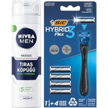 Men Erkek Hassas Tıraş Köpüğü 200 ml + Bıc Hybrid 3 Flex Erkek Tıraş Bıçağı 1 Sap ve 4 Yedek Başlık (3 Bıçak)