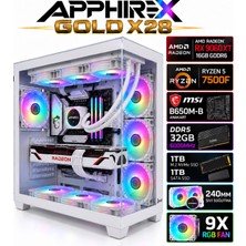 Apphirex Gold X28 Ryzen 5 7500F/MSİ B650M-B/AMD Radeon RX9060XT 16GB/32GB Ddr5 6000MHZ/2TB SSD/240MM Sıvı Soğutmalı Beyaz Masaüstü Oyuncu Bilgisayarı
