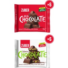 Züber Antep Fıstıklı Sütlü Çikolata 42G x 6 Adet + Sütlü Çikolata 42G x 6 Adet