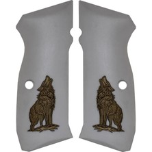 Makgrips Cz 75 A Çift Kurt Temalı Sarı Metal Armalı Beyaz Pleksi Tabanca Kabzesi