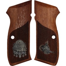 Makgrips Cz 75 A Tura ve Osmanlı Temalı Beyaz Metal Armalı Ceviz Ağacı Ahşap Tabanca Kabzesi