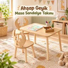 The Mimar Ahşap Geyik Montessori Çocuk Masa Sandalye Takımı Yaz-Sil Aktivite Masası 1 Masa 2 Geyik Sandalye