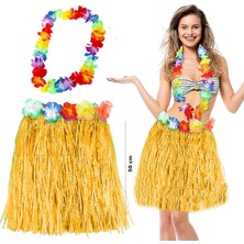 Hobilinka Hawaii Luau Aloha Sarı Püsküllü 50 cm Etek ve Hawaii Kolye Seti