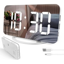 Aynalı Çift Usb'li Aynalı Masa Saati Alarm Dijital Ekran Duvar Saati Ev Ofis Parlıklık Ayarlı