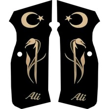 Makgrips Cz 75 A Ali Temalı ve Ayyıldız Figürlü Sarı Metal Armalı Siyah Pleksi Tabanca Kabzesi