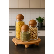 3'lü Top Ahşap Kapaklı Cam Kavanoz ve Baharatlık Seti Saklama Kabı 500-800-1300ML