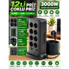 Azurtech BKL-336 12’li Priz Çoklayıcı 3000W 5 Type-C + 1 USB Şarjlı Uzun Kablolu
