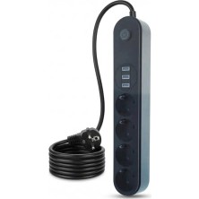 10A Akım Korumalı Uzatma Kablosu 4 Priz 3 USB Girişli 2 Metre, Termal Korumalı, USB Şarjlı, Açma Kapama Düğmeli