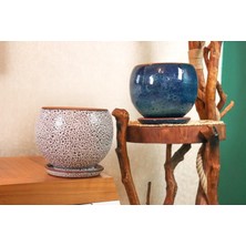Store Bitki Tasarımı Ev Dekorasyon Krem Kahve Şekilli ve Okyanus Mavisi Artistik Çift Sırlı Iç ve Dış Mekan Kullanımlı Tabaklı Toprak Terrakota Saksı Saksılık Salon Çiçeklik Ikili Set