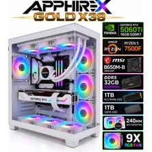 Apphirex Gold X38 Ryzen 5 7500F/MSİ B650M-B/GEFORCE RTX5060Tİ 16GB/32GB Ddr5 6000MHZ/2TB SSD/240MM Sıvı Soğutmalı Beyaz Masaüstü Oyuncu Bilgisayarı