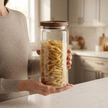 Store Akasya Kapaklı Yuvarlak Borosilikat Cam Kavanoz 1000 Ml, 9 × 20 Cm, Orta Delikli Ahşap Kapak, Şeffaf Makarna Bakliyat Kahve Çay ve Kuru Gıda Saklama Kabı, 1 Adet