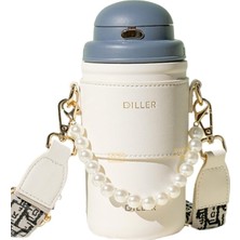 Store Diller 580ML Moda Deri Kılıflı Inci Süslü Pipetli Askılı Paslanmaz Çelik Termos Matara (Lacivert-Beyaz)