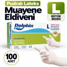 Dolphin Pudralı Lateks Muayene Eldiveni L Beden 100 Adet Tek Kullanımlık Eldiven