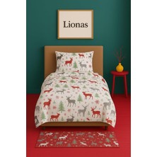 Store Tek Kişilik Desenli Nevresim Takımı, 155 x 230 Cm, Geyik Motifli, Kırmızı,%80 Pamuk