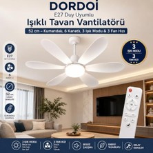 52 cm E27 Uyumlu Tavan Vantilatörü, Kumandalı 6 Kanatlı, 3 Işık Modu ve 3 Fan Hızı