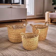 Store 3'lü El Yapımı Doğal Hasır Kulplu Yuvarlak Saksı Seti, Hasır El Yapımı Suya Karşı Koruma Poşetli Yuvarlak Örgü Saksı 3'lü Set, Rattan Saksı Seti, (24CM*22CM-22CM*20CM-20CM*18CM)
