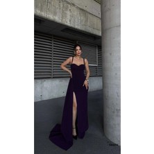 Kalp Askılı Elbise Abiye Yaka Maxi Yırtmaçlı