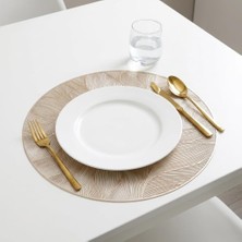 Store 6'lı Plastik Amerikan Servis Seti, Yuvarlak 38 cm Gold Yaprak Desenli Supla, Yıkanabilir Silinebilir Tabak Altlığı, Yemek Masası Servis Sunum Matı