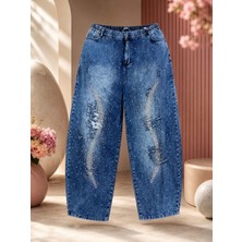 Trieste Wear Büyük Beden Denim Beli Lastikli Taşlı Yırtık Detaylı Bol Kesim Kadın Pantolon