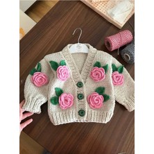 Gül Detaylı El Örgüsü Çocuk Hırka, Çiçek Detaylı Bebek Hırka