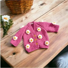 Çocuk El Örgüsü Papatyalı Crop Hırka Pembe