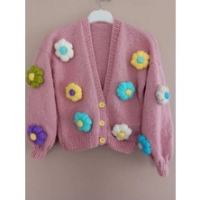 Poche Butik El Örgüsü Çocuk Gül Kurusu Çiçekli Hırka