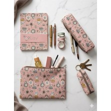 Khi-Zai Desenli Defter, Kalemlik, Cüzdan ve El Çantası Seti, Pembe, 96 Sayfa, 14X20 cm