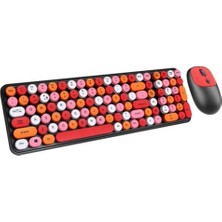 105 Retro Tuşlu 2.4gh Kablosuz Bluetooth Klavye Mouse Seti Retro Kablosuz Klavye Mouse Set Kırmızı